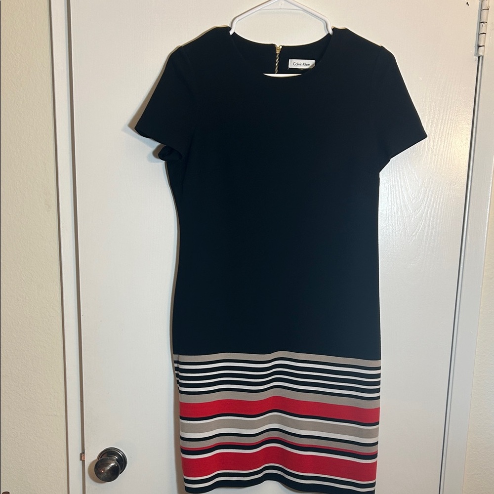 Calvin Klein Black Dress with Red, Tan and White Stripes Size 12P